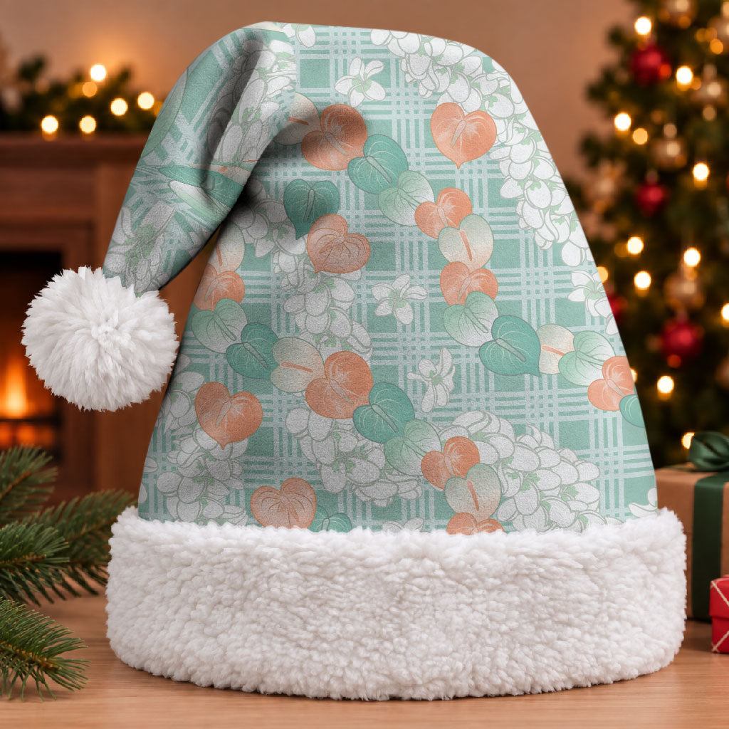Anthurium Plumeria Lei Pastel Christmas Santa Hat Teal Hawaiian Splendid Palaka LT01 With Fur Teal - Polynesian Pride