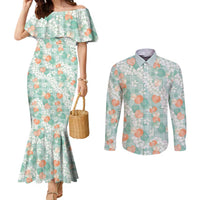 Anthurium Plumeria Lei Pastel Couples Matching Mermaid Dress and Long Sleeve Button Shirt Teal Hawaiian Splendid Palaka