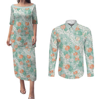 Anthurium Plumeria Lei Pastel Couples Matching Puletasi and Long Sleeve Button Shirt Teal Hawaiian Splendid Palaka LT01 Teal - Polynesian Pride