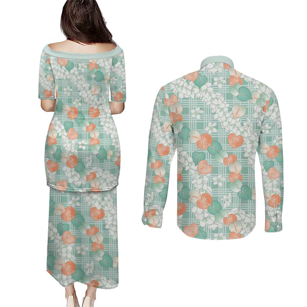 Anthurium Plumeria Lei Pastel Couples Matching Puletasi and Long Sleeve Button Shirt Teal Hawaiian Splendid Palaka LT01 - Polynesian Pride