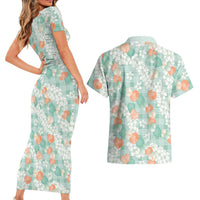Anthurium Plumeria Lei Pastel Couples Matching Short Sleeve Bodycon Dress and Hawaiian Shirt Teal Hawaiian Splendid Palaka LT01 - Polynesian Pride