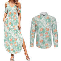 Anthurium Plumeria Lei Pastel Couples Matching Summer Maxi Dress and Long Sleeve Button Shirt Teal Hawaiian Splendid Palaka LT01 Teal - Polynesian Pride