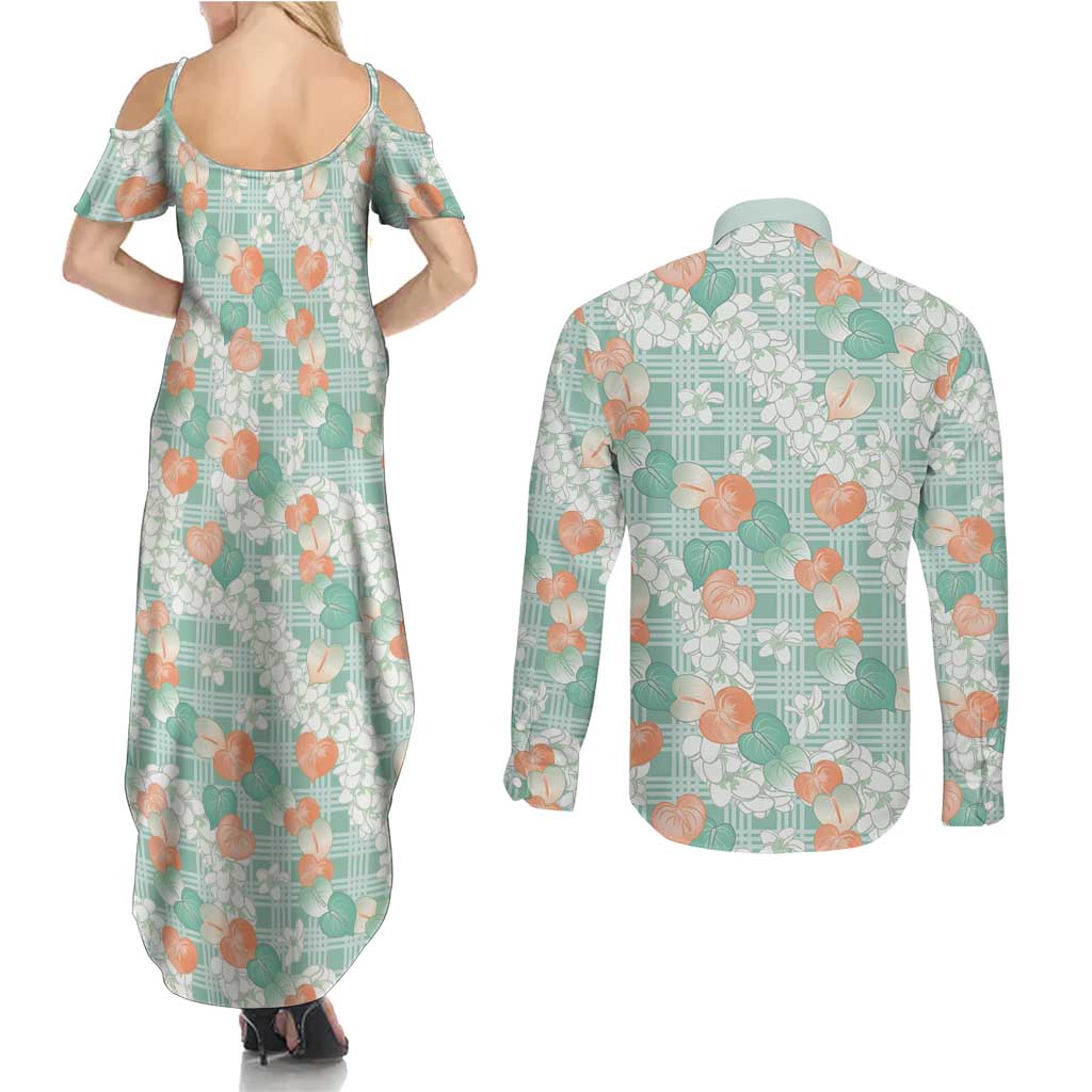 Anthurium Plumeria Lei Pastel Couples Matching Summer Maxi Dress and Long Sleeve Button Shirt Teal Hawaiian Splendid Palaka LT01 - Polynesian Pride