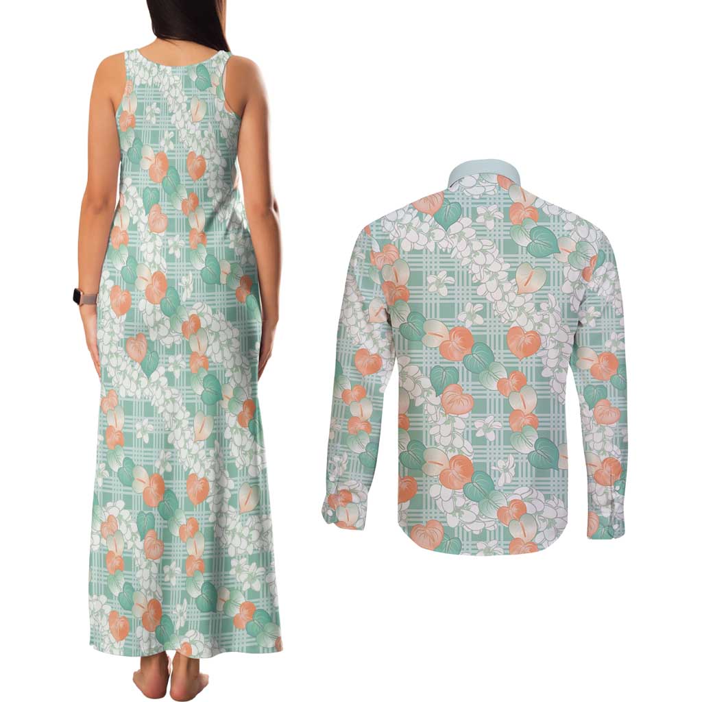 Anthurium Plumeria Lei Pastel Couples Matching Tank Maxi Dress and Long Sleeve Button Shirt Teal Hawaiian Splendid Palaka