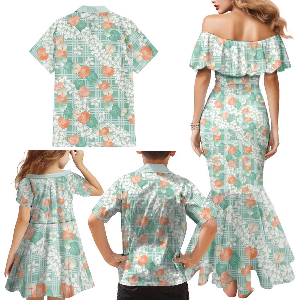 Anthurium Plumeria Lei Pastel Family Matching Mermaid Dress and Hawaiian Shirt Teal Hawaiian Splendid Palaka LT01 - Polynesian Pride