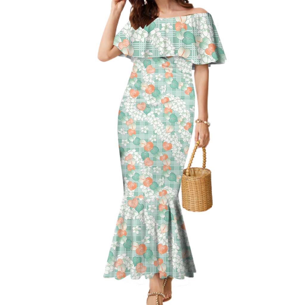 Anthurium Plumeria Lei Pastel Family Matching Mermaid Dress and Hawaiian Shirt Teal Hawaiian Splendid Palaka LT01 Mom's Dress Teal - Polynesian Pride