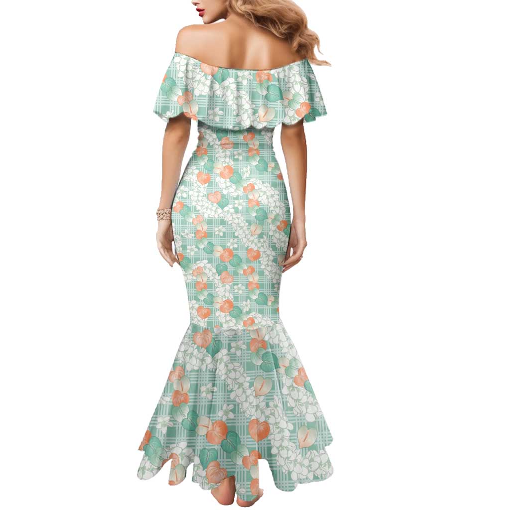 Anthurium Plumeria Lei Pastel Family Matching Mermaid Dress and Hawaiian Shirt Teal Hawaiian Splendid Palaka LT01 - Polynesian Pride