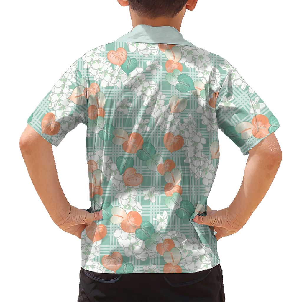 Anthurium Plumeria Lei Pastel Family Matching Off The Shoulder Long Sleeve Dress and Hawaiian Shirt Teal Hawaiian Splendid Palaka LT01 - Polynesian Pride