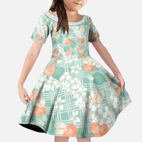 Anthurium Plumeria Lei Pastel Family Matching Off The Shoulder Long Sleeve Dress and Hawaiian Shirt Teal Hawaiian Splendid Palaka LT01 Daughter's Dress Teal - Polynesian Pride