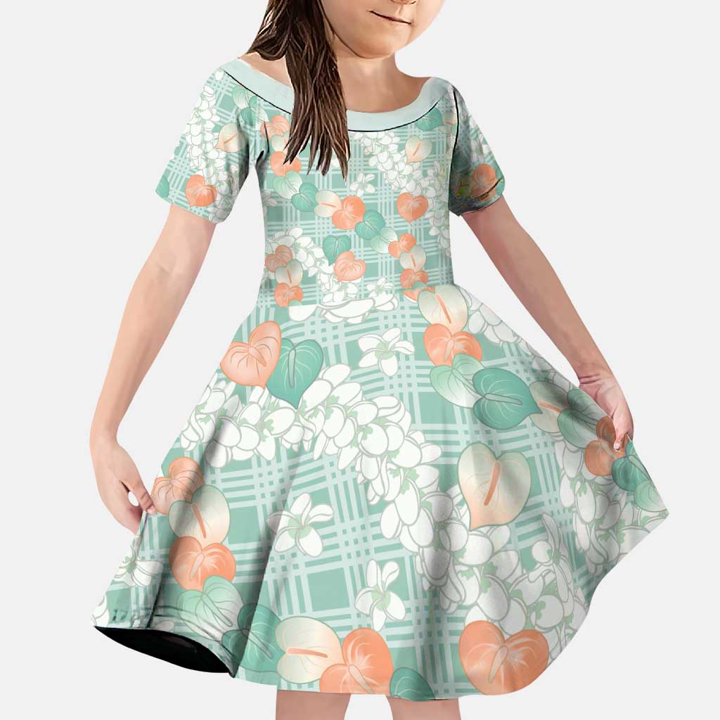 Anthurium Plumeria Lei Pastel Family Matching Off Shoulder Maxi Dress and Hawaiian Shirt Teal Hawaiian Splendid Palaka LT01 Daughter's Dress Teal - Polynesian Pride