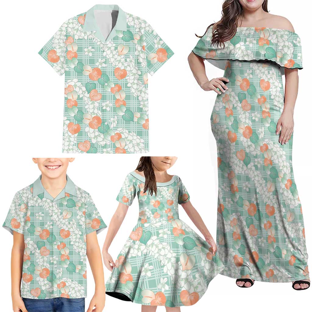 Anthurium Plumeria Lei Pastel Family Matching Off Shoulder Maxi Dress and Hawaiian Shirt Teal Hawaiian Splendid Palaka LT01 - Polynesian Pride