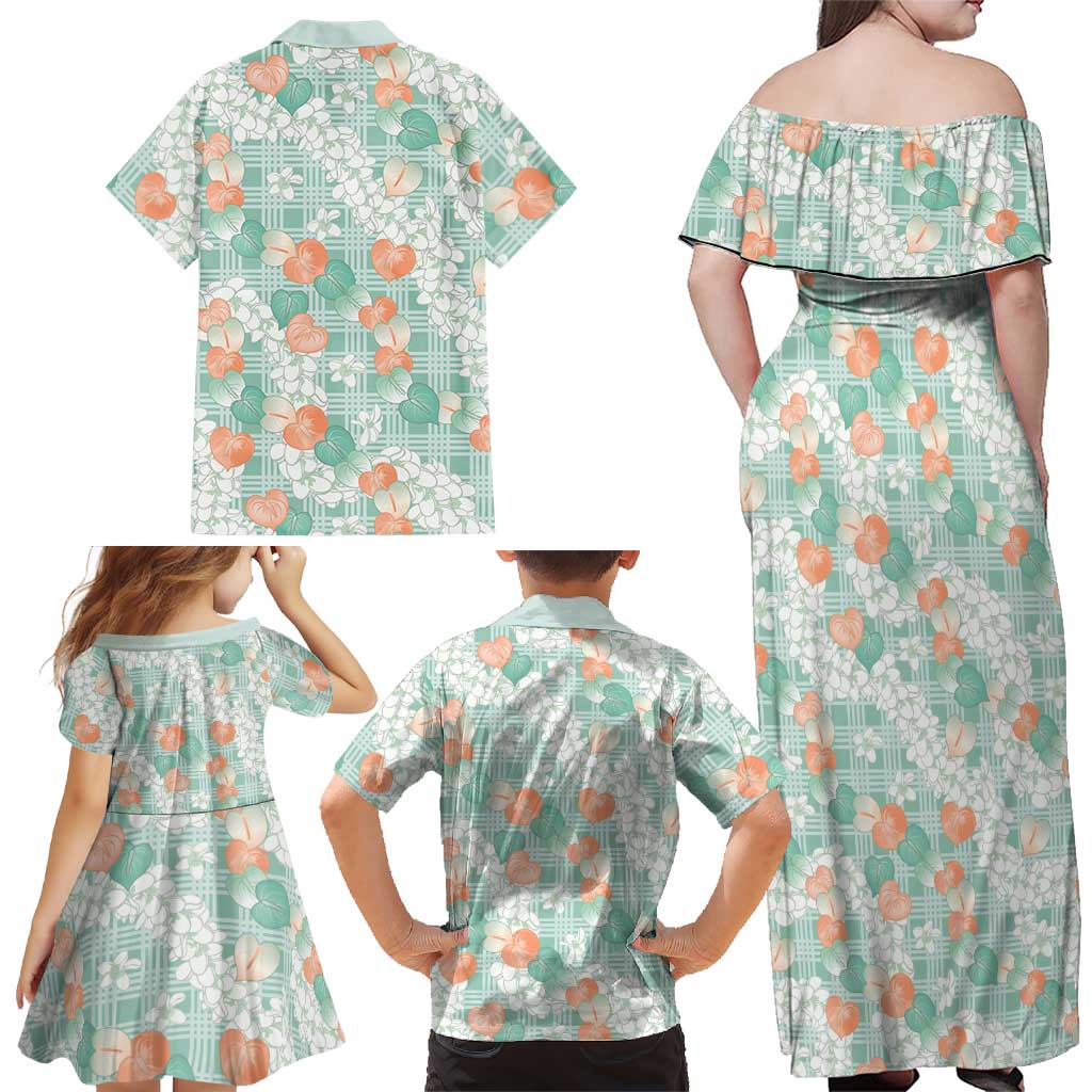Anthurium Plumeria Lei Pastel Family Matching Off Shoulder Maxi Dress and Hawaiian Shirt Teal Hawaiian Splendid Palaka LT01 - Polynesian Pride