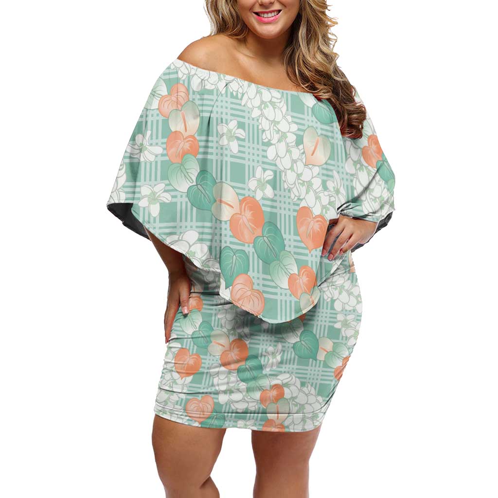 Anthurium Plumeria Lei Pastel Family Matching Off Shoulder Short Dress and Hawaiian Shirt Teal Hawaiian Splendid Palaka LT01 Mom's Dress Teal - Polynesian Pride