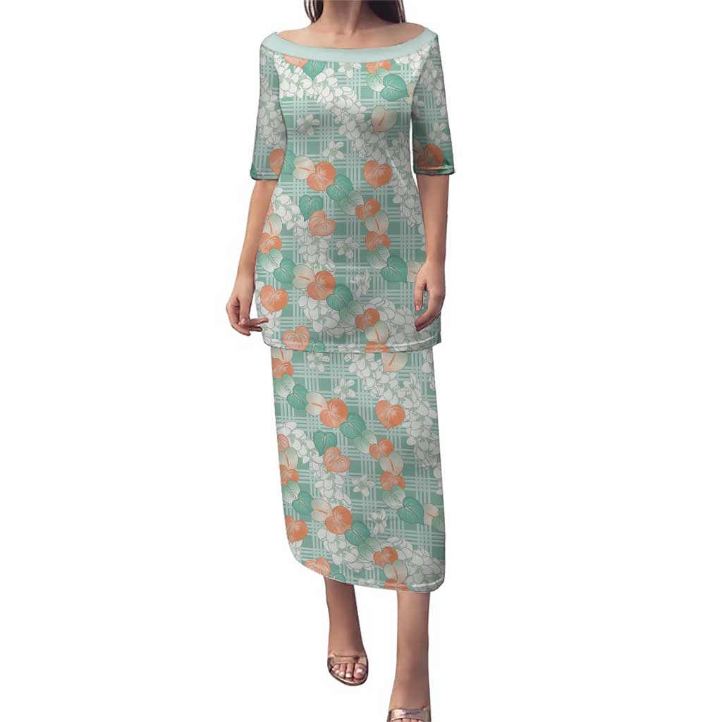 Anthurium Plumeria Lei Pastel Family Matching Puletasi and Hawaiian Shirt Teal Hawaiian Splendid Palaka LT01 Mom's Dress Teal - Polynesian Pride