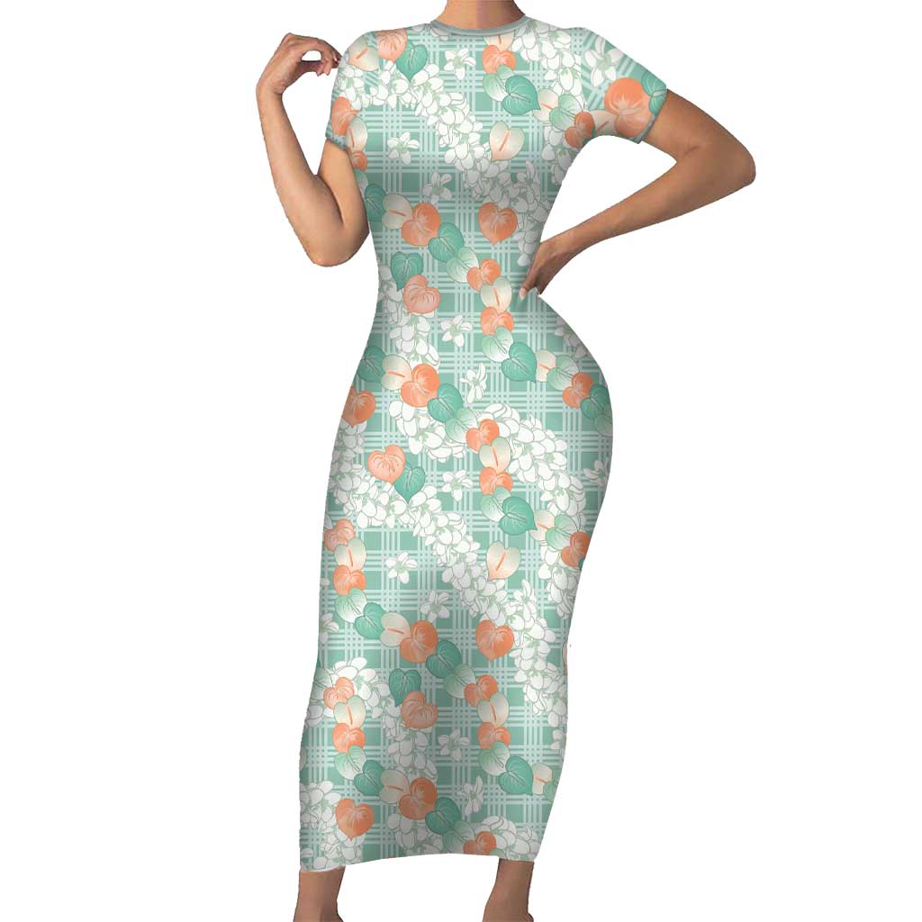Anthurium Plumeria Lei Pastel Family Matching Short Sleeve Bodycon Dress and Hawaiian Shirt Teal Hawaiian Splendid Palaka LT01 Mom's Dress Teal - Polynesian Pride