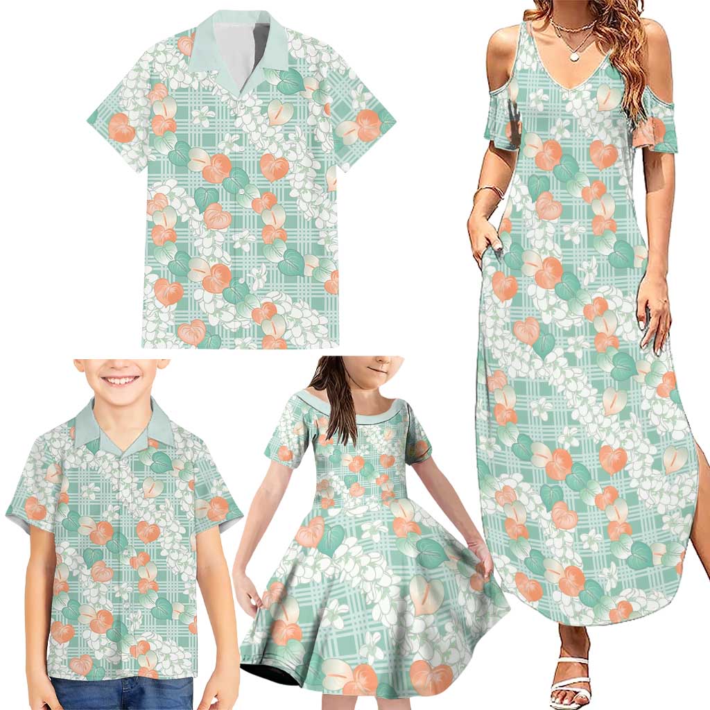 Anthurium Plumeria Lei Pastel Family Matching Summer Maxi Dress and Hawaiian Shirt Teal Hawaiian Splendid Palaka LT01 - Polynesian Pride
