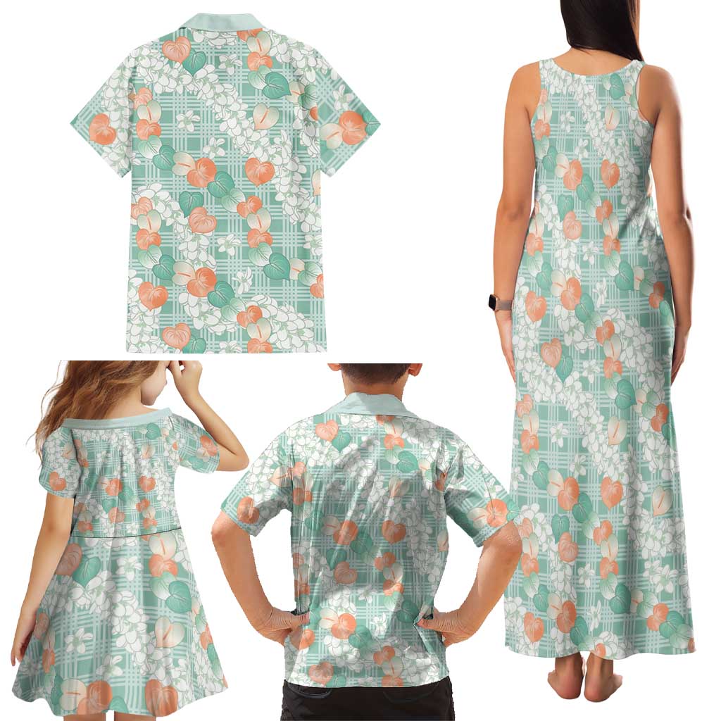 Anthurium Plumeria Lei Pastel Family Matching Tank Maxi Dress and Hawaiian Shirt Teal Hawaiian Splendid Palaka LT01 - Polynesian Pride