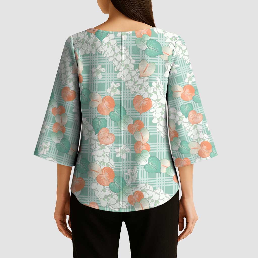 Anthurium Plumeria Lei Pastel Kimono Sleeve Blouse Teal Hawaiian Splendid Palaka