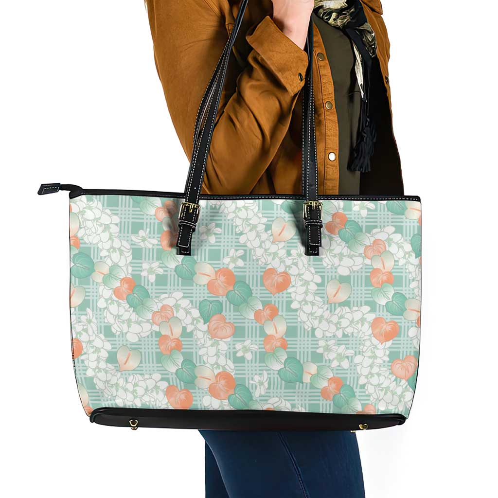Anthurium Plumeria Lei Pastel Leather Tote Bag Teal Hawaiian Splendid Palaka