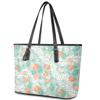 Anthurium Plumeria Lei Pastel Leather Tote Bag Teal Hawaiian Splendid Palaka