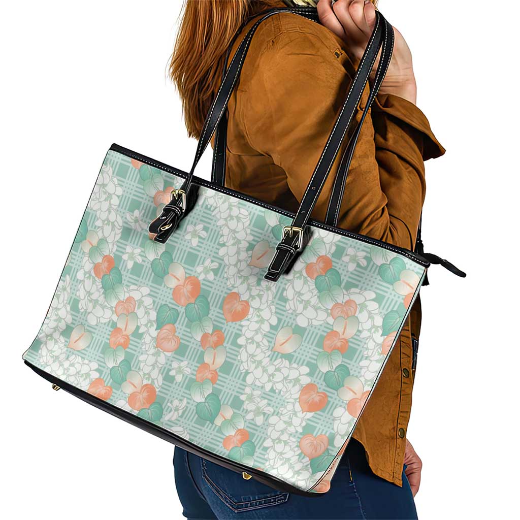 Anthurium Plumeria Lei Pastel Leather Tote Bag Teal Hawaiian Splendid Palaka