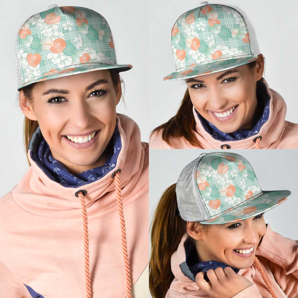Anthurium Plumeria Lei Pastel Mesh Trucker Cap Teal Hawaiian Splendid Palaka