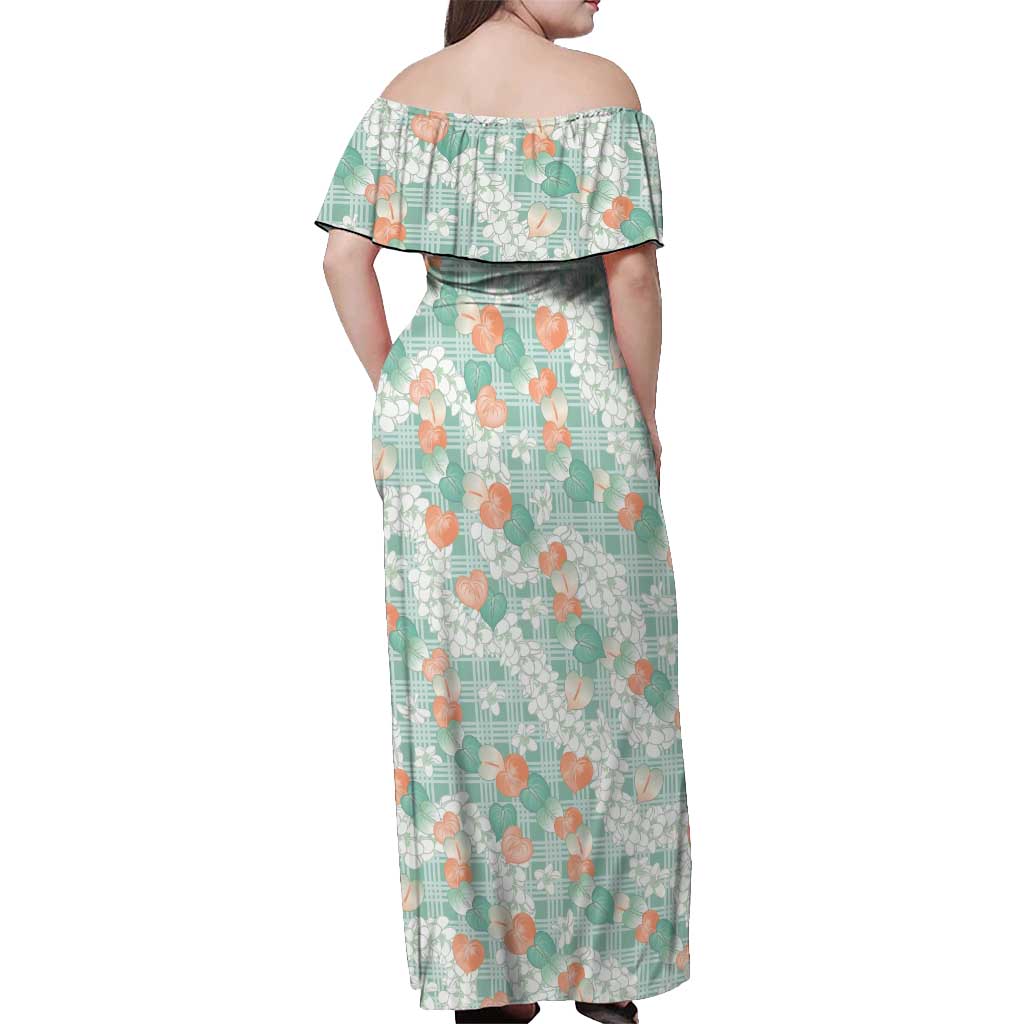 Anthurium Plumeria Lei Pastel Off Shoulder Maxi Dress Teal Hawaiian Splendid Palaka