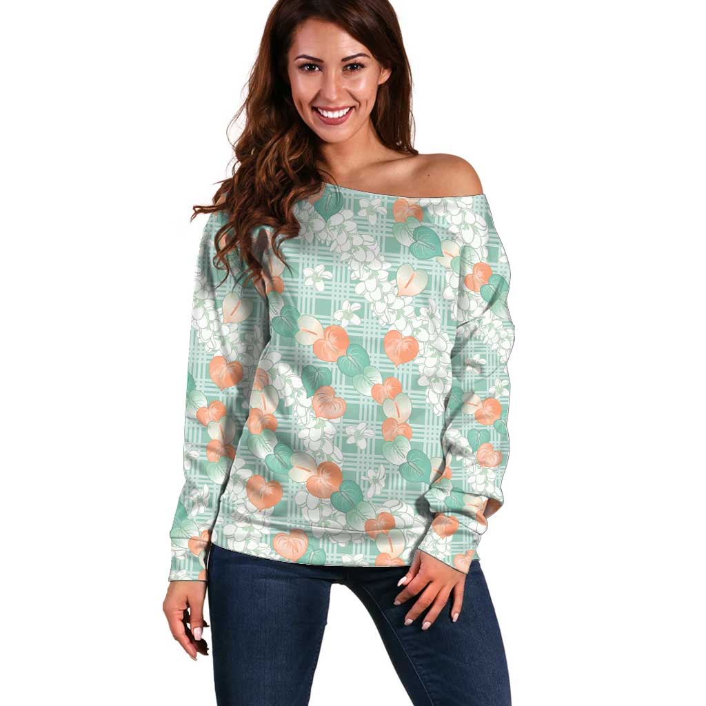 Anthurium Plumeria Lei Pastel Off Shoulder Sweater Teal Hawaiian Splendid Palaka