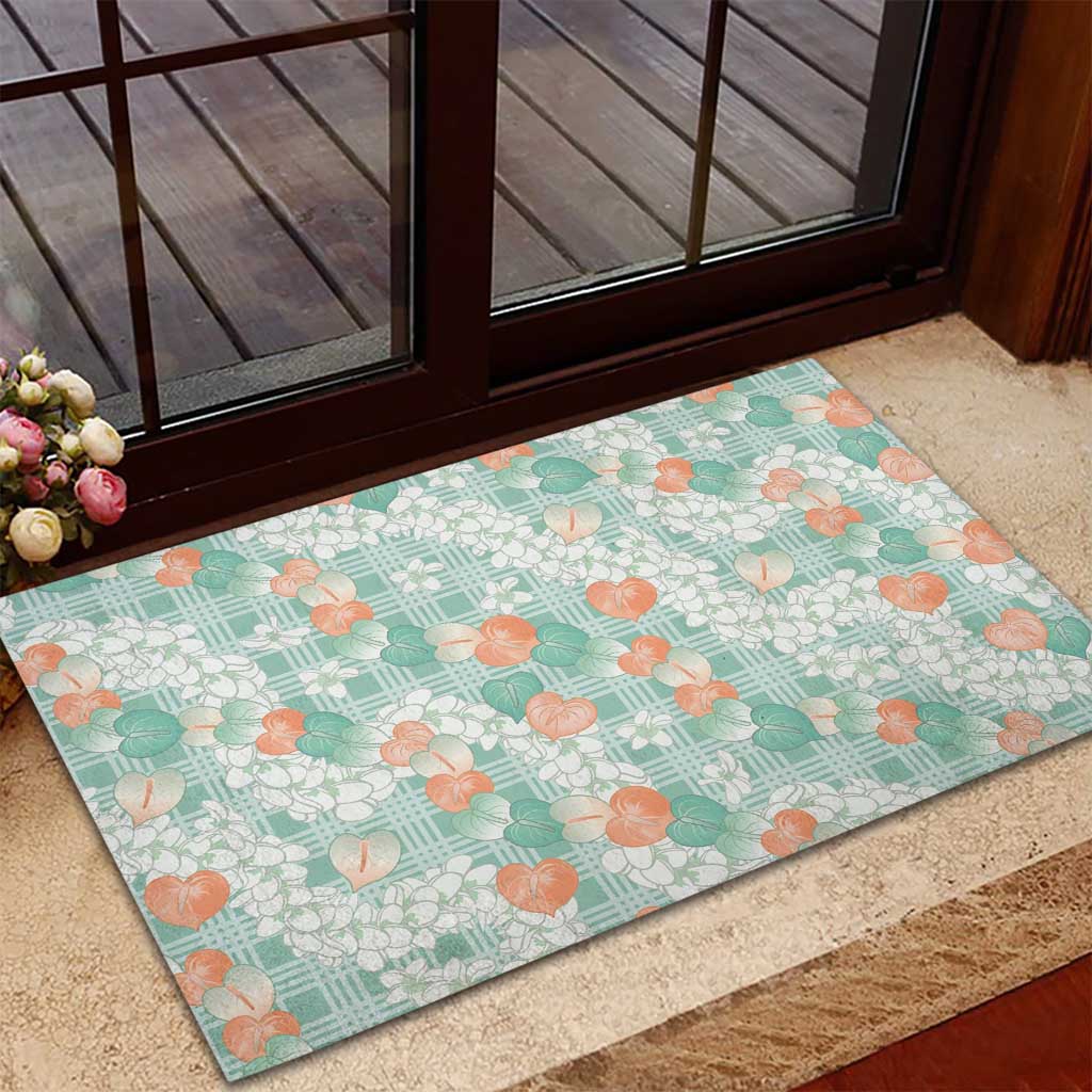 Anthurium Plumeria Lei Pastel Rubber Doormat Teal Hawaiian Splendid Palaka