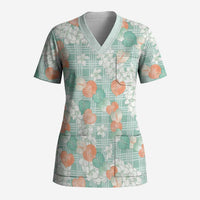 Anthurium Plumeria Lei Pastel Scrub Top Teal Hawaiian Splendid Palaka