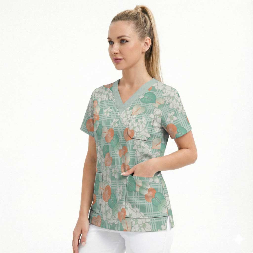 Anthurium Plumeria Lei Pastel Scrub Top Teal Hawaiian Splendid Palaka