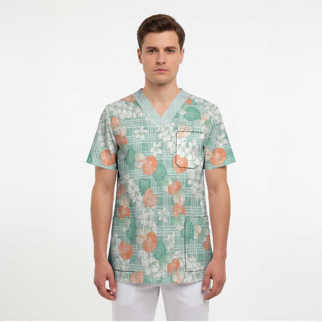 Anthurium Plumeria Lei Pastel Scrub Top Teal Hawaiian Splendid Palaka
