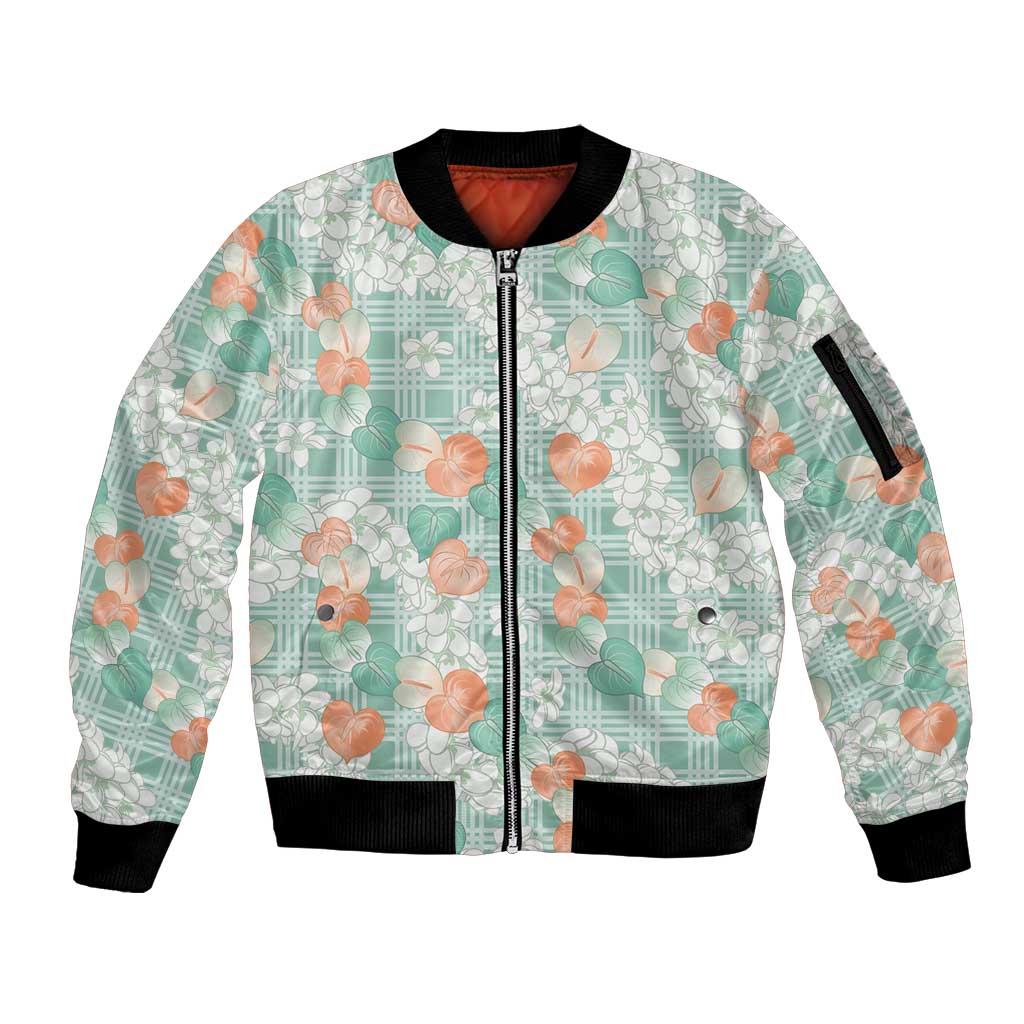 Anthurium Plumeria Lei Pastel Sleeve Zip Bomber Jacket Teal Hawaiian Splendid Palaka