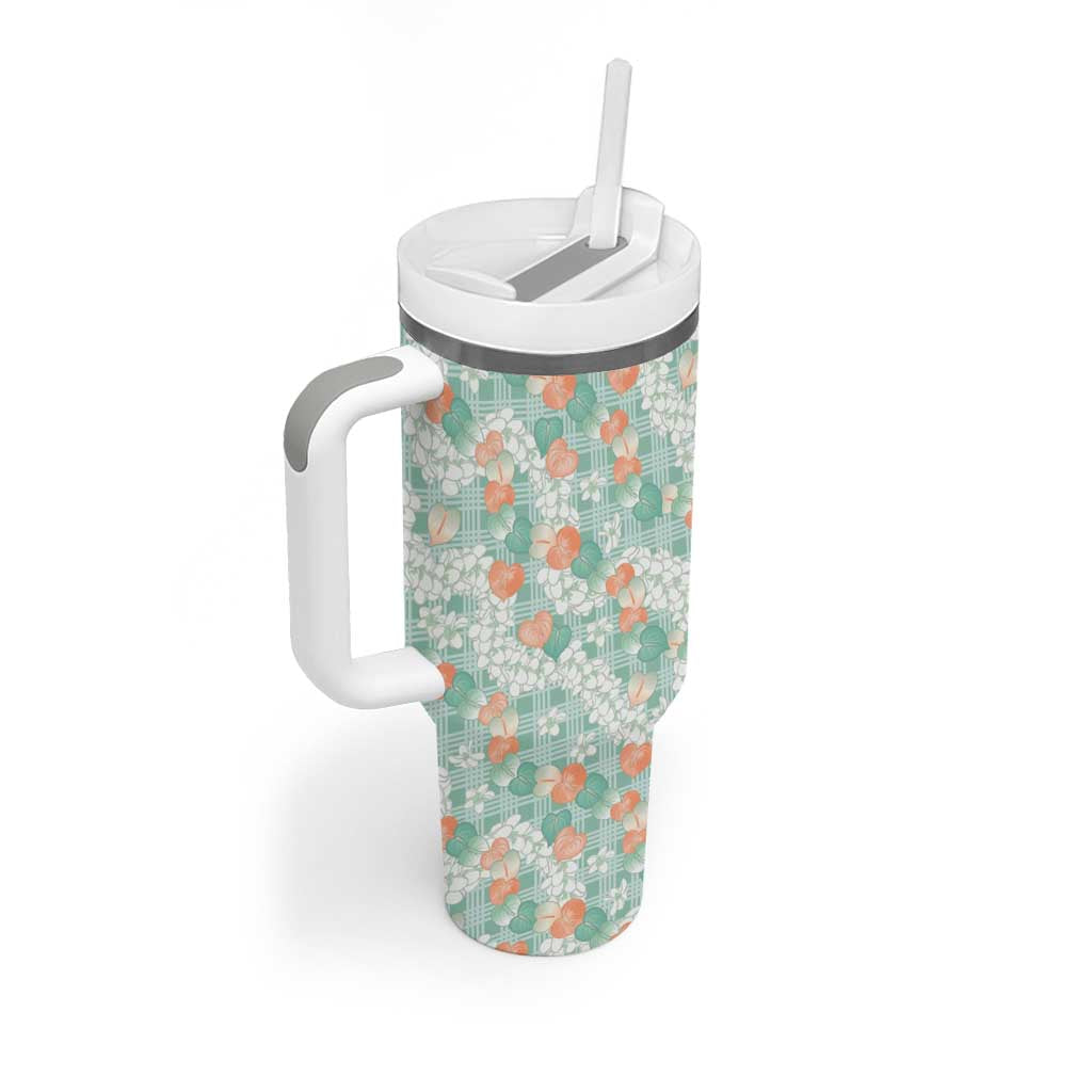 Anthurium Plumeria Lei Pastel Tumbler With Handle Teal Hawaiian Splendid Palaka
