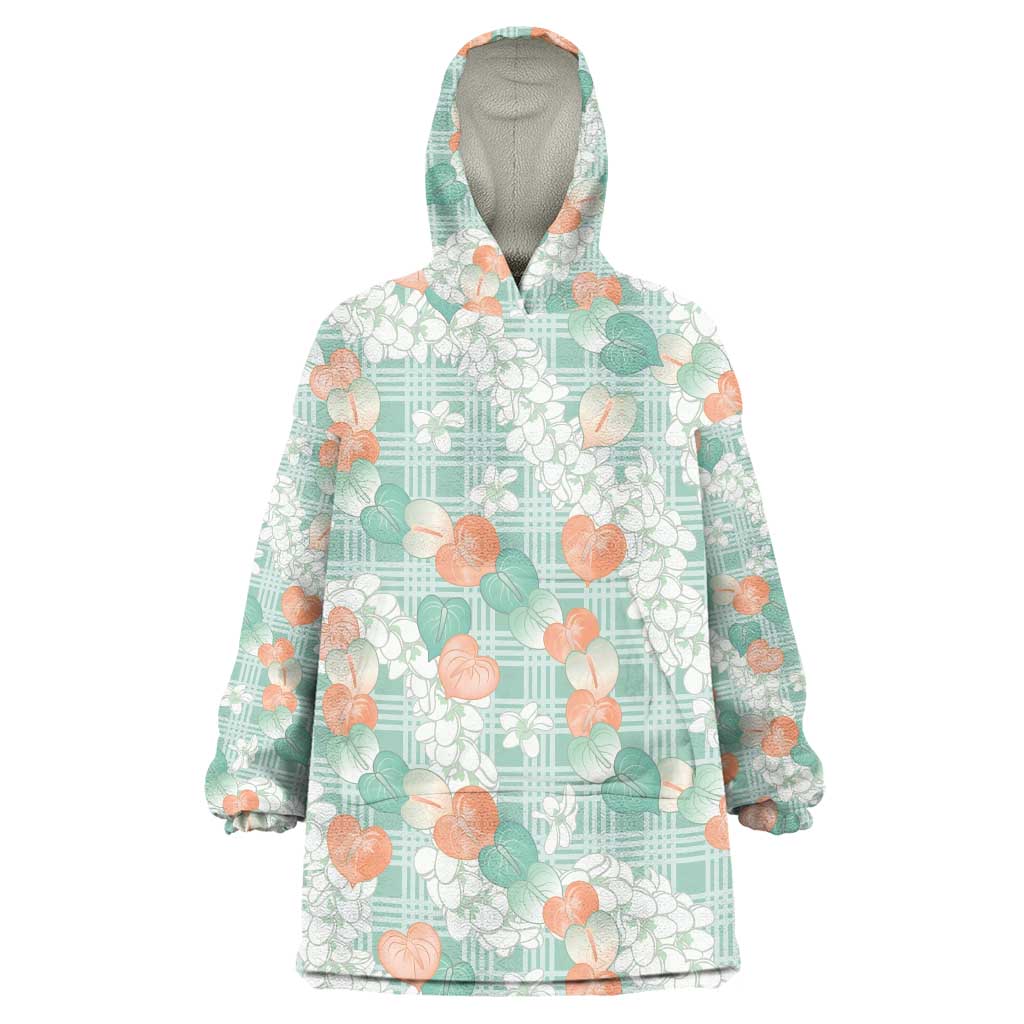Anthurium Plumeria Lei Pastel Wearable Blanket Hoodie Teal Hawaiian Splendid Palaka