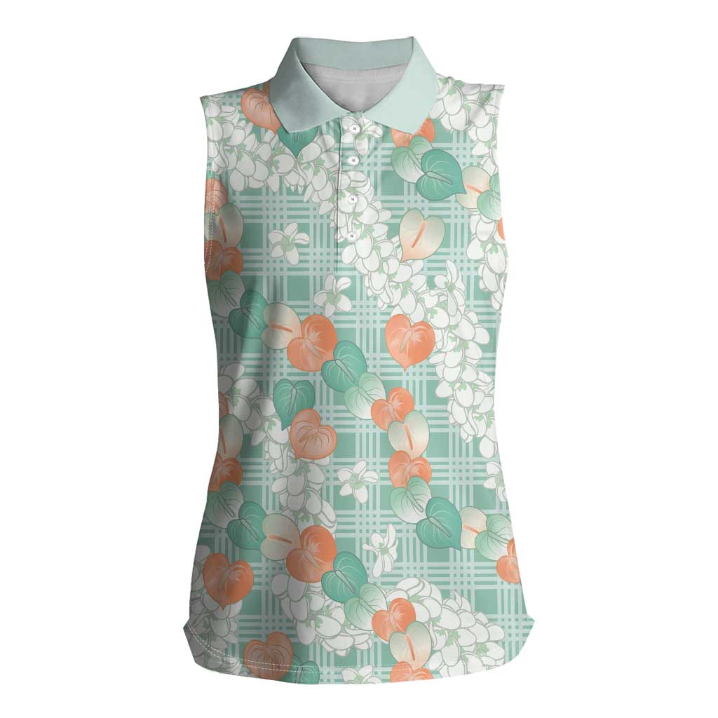 Anthurium Plumeria Lei Pastel Women Sleeveless Polo Shirt Teal Hawaiian Splendid Palaka