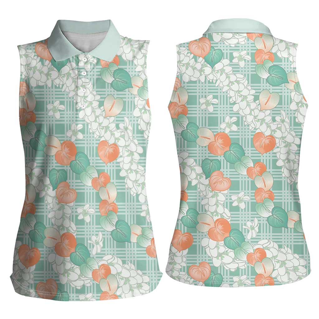 Anthurium Plumeria Lei Pastel Women Sleeveless Polo Shirt Teal Hawaiian Splendid Palaka