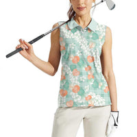 Anthurium Plumeria Lei Pastel Women Sleeveless Polo Shirt Teal Hawaiian Splendid Palaka