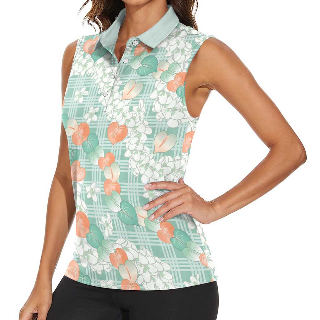 Anthurium Plumeria Lei Pastel Women Sleeveless Polo Shirt Teal Hawaiian Splendid Palaka