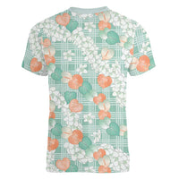Anthurium Plumeria Lei Pastel Women V-Neck T-Shirt Teal Hawaiian Splendid Palaka