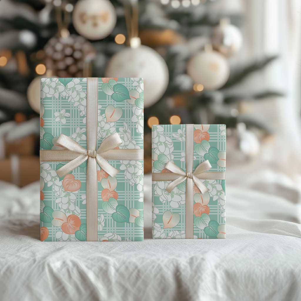 Anthurium Plumeria Lei Pastel Wrapping Paper Teal Hawaiian Splendid Palaka