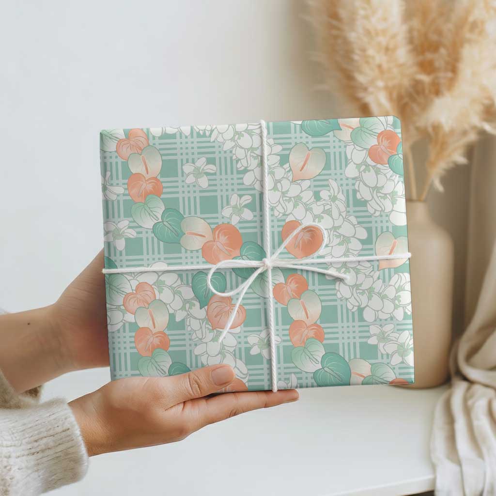 Anthurium Plumeria Lei Pastel Wrapping Paper Teal Hawaiian Splendid Palaka