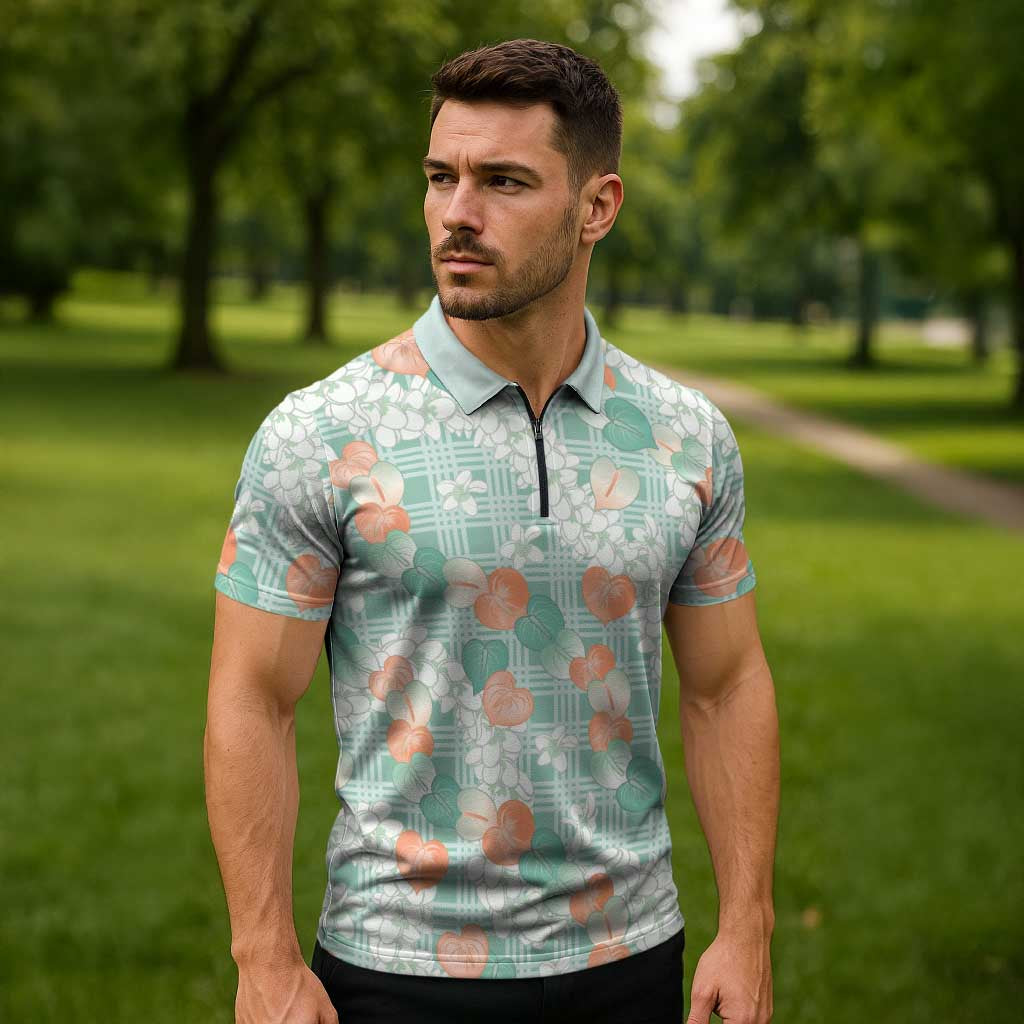 Anthurium Plumeria Lei Pastel Zipper Polo Shirt Teal Hawaiian Splendid Palaka