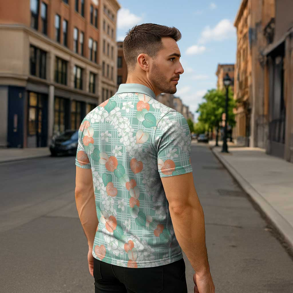 Anthurium Plumeria Lei Pastel Zipper Polo Shirt Teal Hawaiian Splendid Palaka