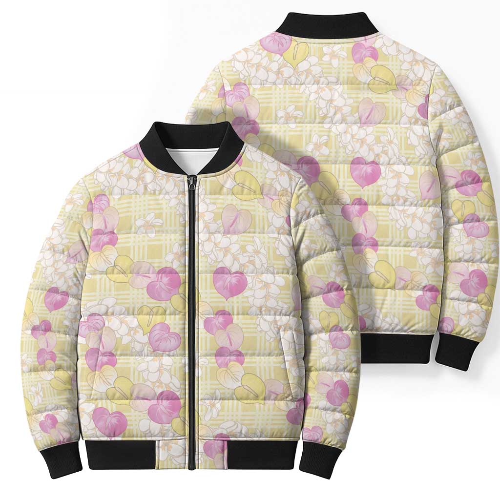 Anthurium Plumeria Lei Pastel Bomber Puffer Jacket Yellow Hawaiian Splendid Palaka
