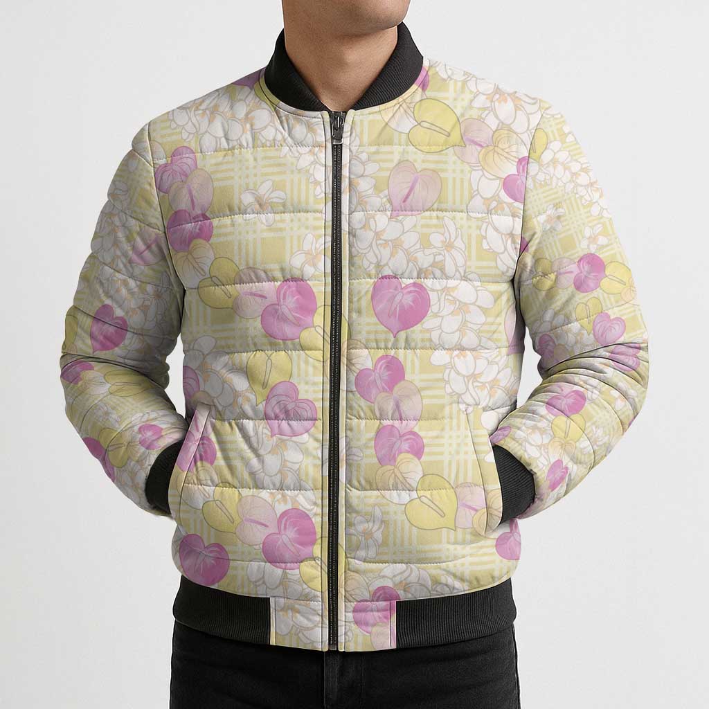 Anthurium Plumeria Lei Pastel Bomber Puffer Jacket Yellow Hawaiian Splendid Palaka