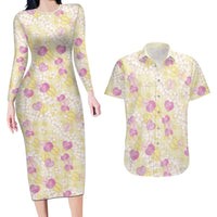 Anthurium Plumeria Lei Pastel Couples Matching Long Sleeve Bodycon Dress and Hawaiian Shirt Yellow Hawaiian Splendid Palaka LT01 Yellow - Polynesian Pride