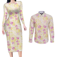 Anthurium Plumeria Lei Pastel Couples Matching Long Sleeve Bodycon Dress and Long Sleeve Button Shirt Yellow Hawaiian Splendid Palaka