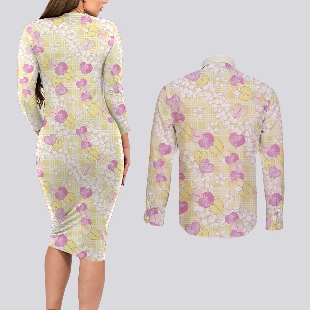 Anthurium Plumeria Lei Pastel Couples Matching Long Sleeve Bodycon Dress and Long Sleeve Button Shirt Yellow Hawaiian Splendid Palaka