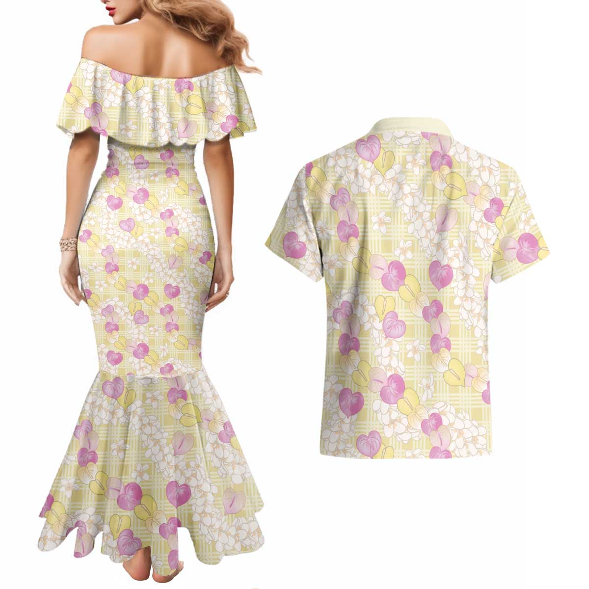 Anthurium Plumeria Lei Pastel Couples Matching Mermaid Dress and Hawaiian Shirt Yellow Hawaiian Splendid Palaka LT01 - Polynesian Pride